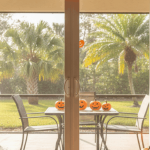 sliding glass doors and windows decorated for Halloween