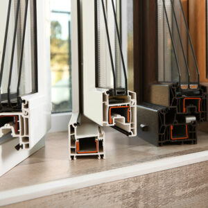 Is there a difference between impact windows and hurricane windows, Samples of modern window profiles on sill indoors, closeup. Installation service